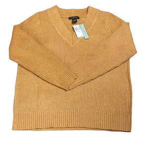 Joan Vass Sweater Long Sleeve Knit V Neck Camel Brown Size Medium NWT